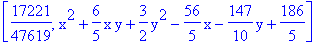 [17221/47619, x^2+6/5*x*y+3/2*y^2-56/5*x-147/10*y+186/5]